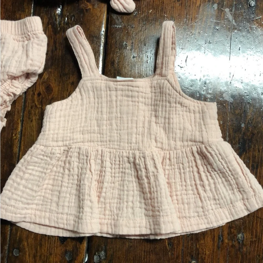 Blush Linen Baby Outfit – 3-Piece Set (Tank, Bloomers & Bow) 12M 👶💗